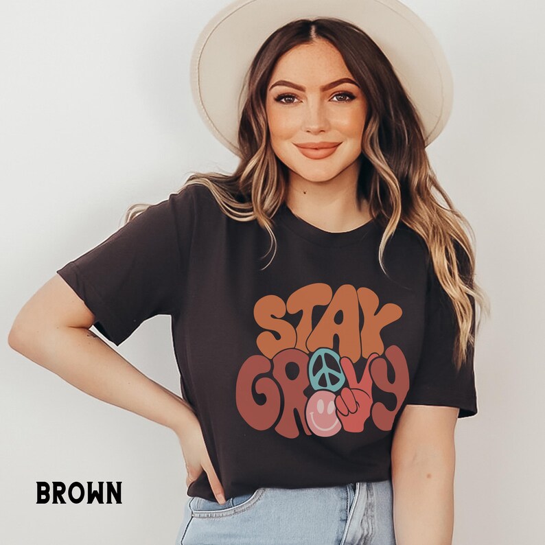 Stay Groovy Shirt, Peace Sign Graphic Tee, Boho Positive Vibes TShirt, Cute Hippie top Brown