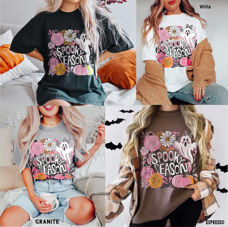 May include: Four t-shirts in black, white, granite, and espresso colors. Each shirt features a floral and ghost graphic with the text "Spook Season". The design includes pink pumpkins and flowers.