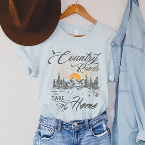 Country Roads Shirt, Women's Mountain Graphic Tee, Camping Hiking T Shirt, Travel Shirt, Nature T Shirt, Gift for Her Heather Ice Blue