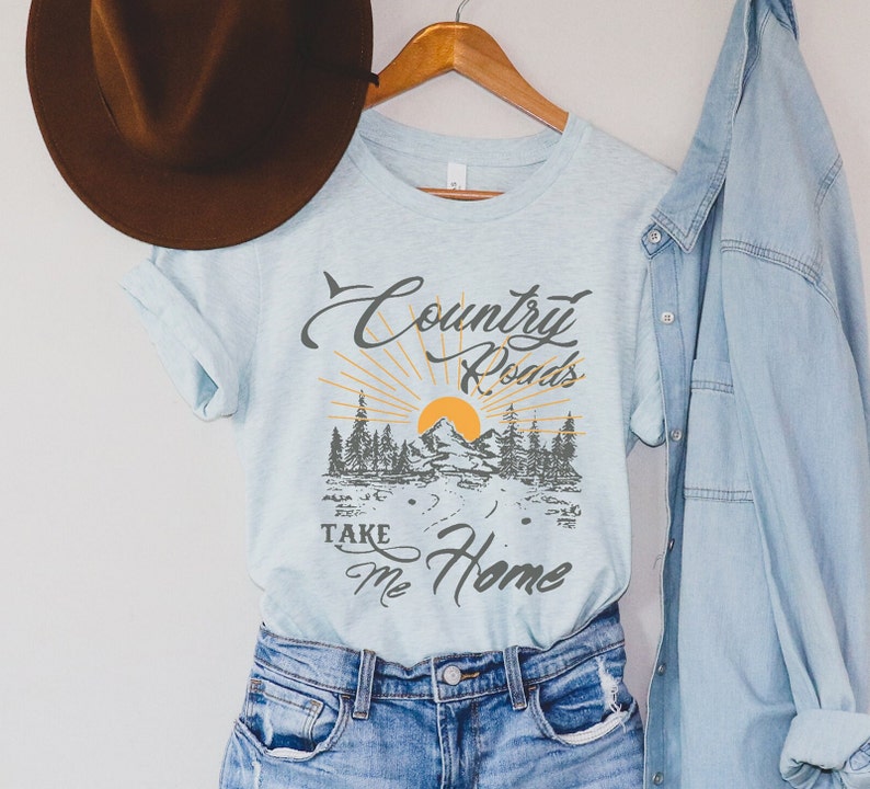 Country Roads Shirt, Women's Mountain Graphic Tee, Camping Hiking T Shirt, Travel Shirt, Nature T Shirt, Gift for Her Heather Ice Blue