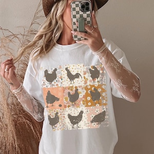 Boho Chickens Shirt, Comfort Colors®, Retro Farmhouse Floral Backyard Chicken Tee, Cottagecore Aesthetic Clothing, Chicken Gift for Her White