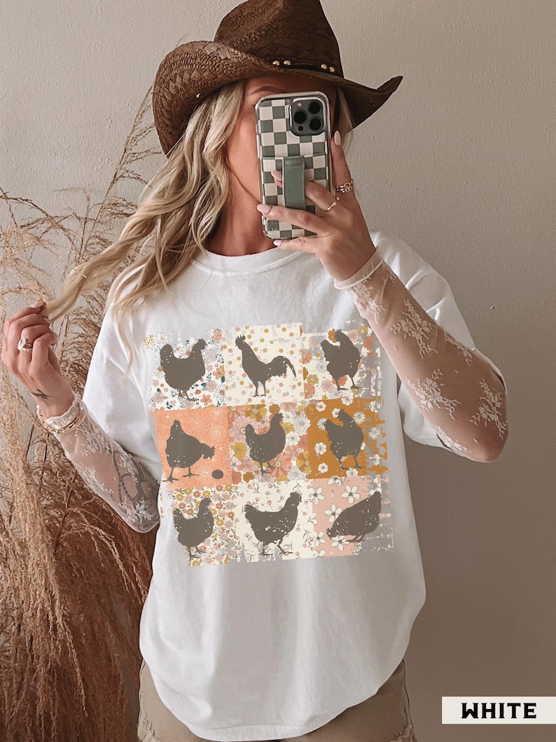 Boho Chickens Shirt, Comfort Colors®, Retro Farmhouse Floral Backyard Chicken Tee, Cottagecore Aesthetic Clothing, Chicken Gift for Her White