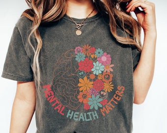 Shirt voor geestelijke gezondheid, Comfort Colors®, retro bloemenbrein, bewustzijn van geestelijke gezondheid, motiverend T-shirt, cadeau psycholoog