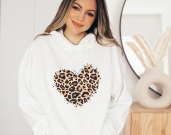 Womens Leopard Heart Sweatshirt, Animal Print Heart Hoodie