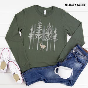 Winter Nature Long Sleeve Shirt, Deer in Pine Trees Tee, Outdoor Adventure Unisex Shirts, Hiking Camping Outdoorsy Gifts, Winter Apparel