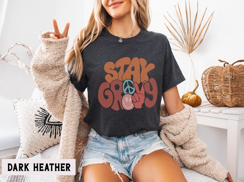 Stay Groovy Shirt, Peace Sign Graphic Tee, Boho Positive Vibes TShirt, Cute Hippie top Dark Grey Heather