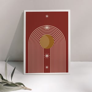 Poster - Luna e stelle - Minimalista - Decorazione Boho - Illustrazione Boho - Luna - Stelle - Terracotta - Formato A3, A4 o A5