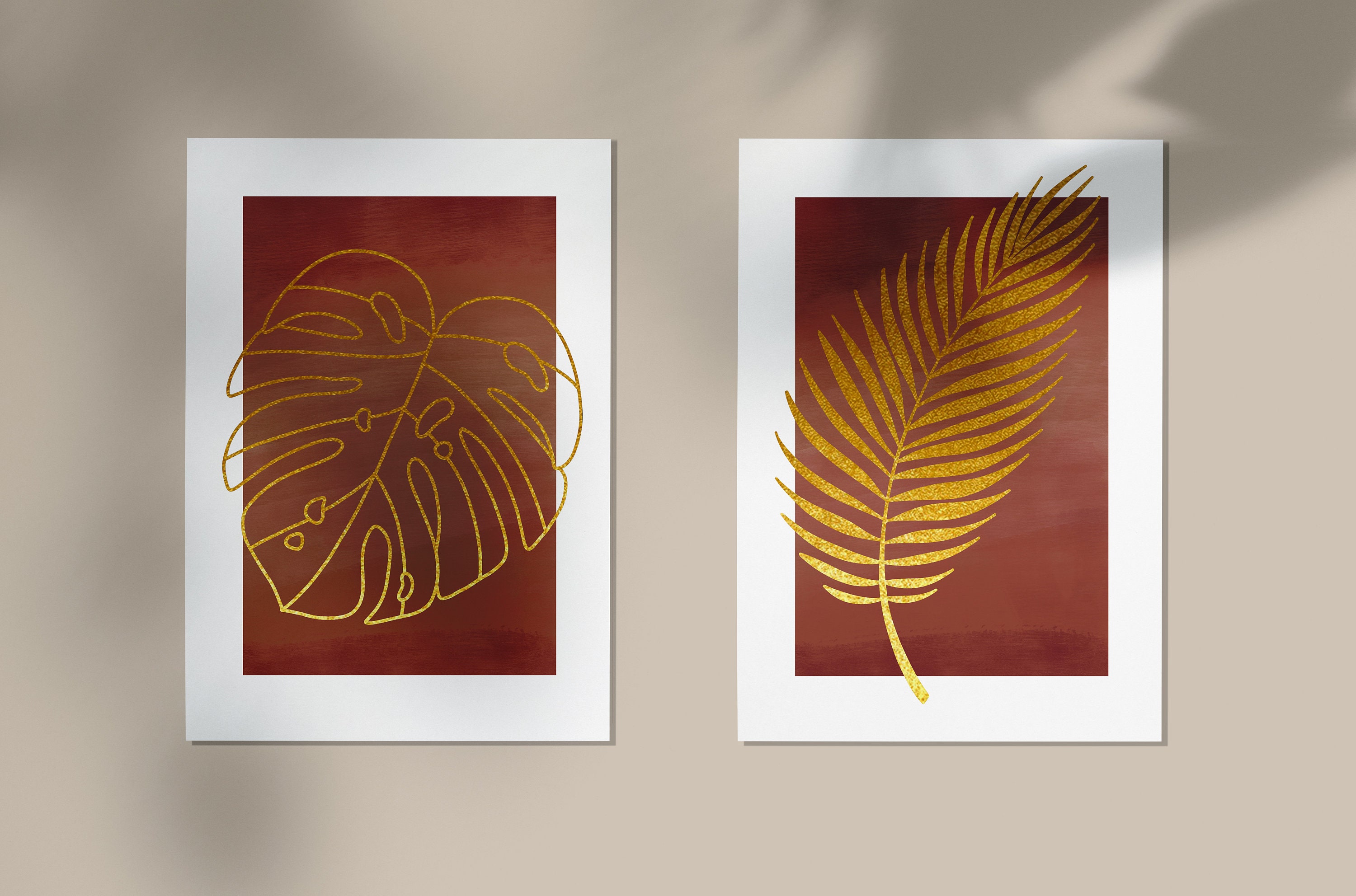 Duo d'affiches - Gold Leaves Minimalist Décoration Bohème Boho Illustration Terracotta et Or- Format