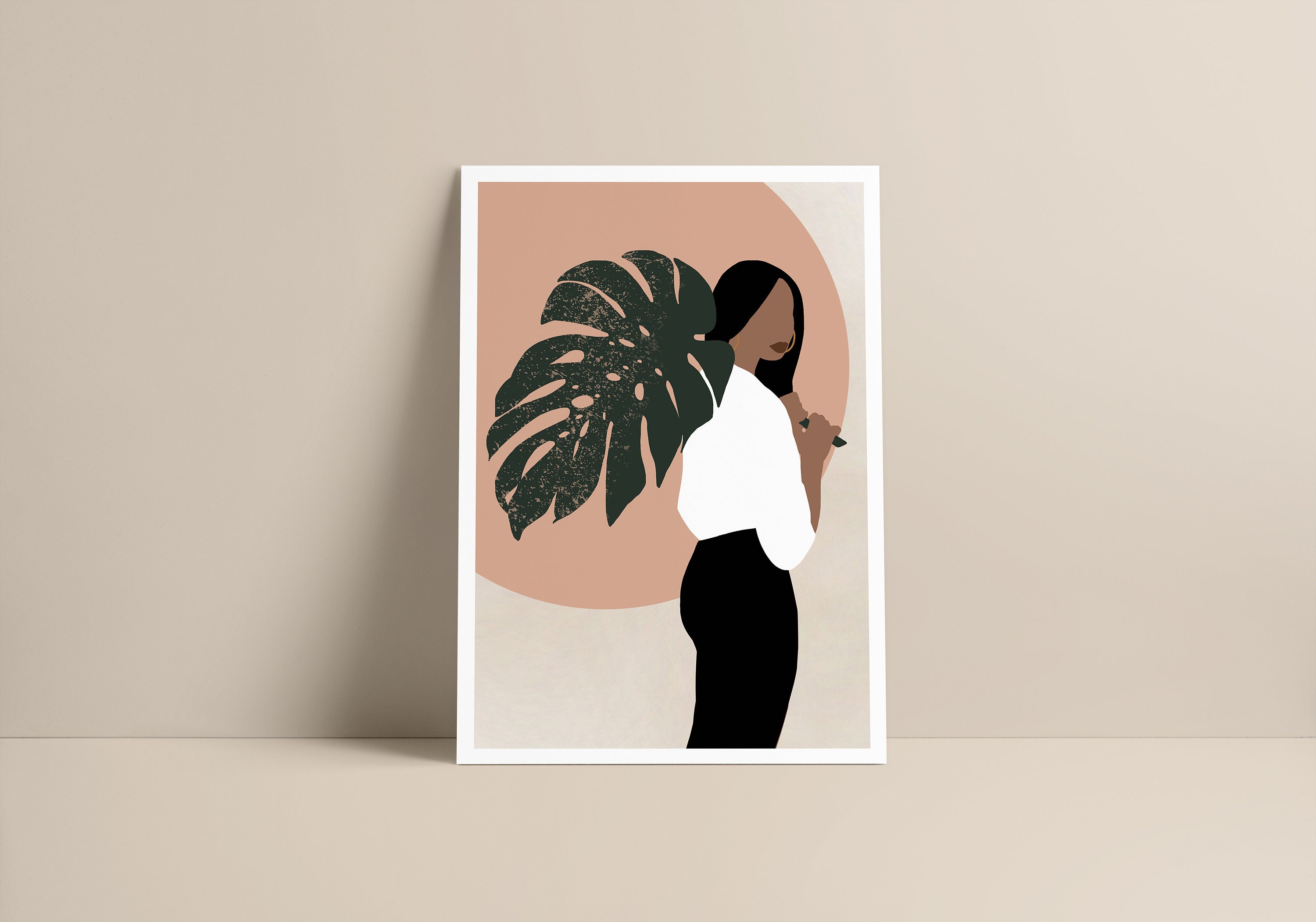 Affiche - Angela Minimalist Décoration Bohème Boho Illustration Black Woman Monstera Beige Format A3
