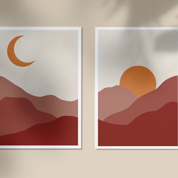 Poster duo - Moon and Sun - Minimalist - Boho decoration - Boho Illustration - Terracotta - Format A3, A4 or A5