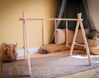 Play arch with leather straps / made of wood / baby gym