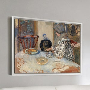 Pierre Bonnard, vrouw met hond, of vrouw en hond aan tafel, grote kunst aan de muur, ingelijste kunst aan de muur, canvas kunst aan de muur, groot canvas, M4875