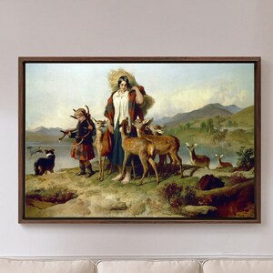 May include: A painting depicting a woman and two children in a Scottish Highlands landscape. The woman is wearing a traditional kilt and carrying a basket. The children are holding a bow and arrow and a dog. There are several deer in the background.