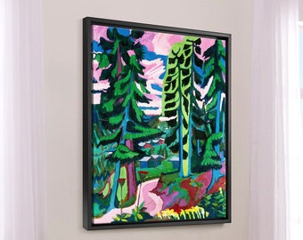Puede incluir: Una pintura enmarcada que representa una escena de bosque con árboles altos y verdes, un cielo rosa y un camino que conduce al bosque.