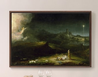May include: A painting depicting the biblical story of the Annunciation to the Shepherds. An angel appears in the sky, while shepherds look up in awe. A star shines brightly in the distance.