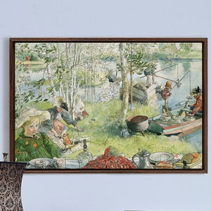 May include: A framed painting of a group of people having a picnic by a lake. The painting is in a rustic wooden frame and features a group of people sitting around a table with food and drinks. The painting is set in a forest with trees and a lake in the background.