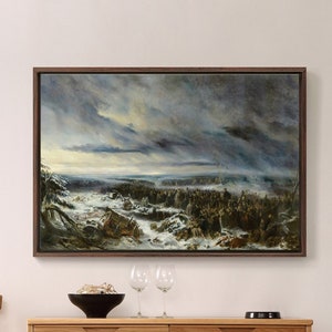 Puede incluir: Una pintura que representa una escena dramática de personas apiñadas en un paisaje nevado y helado. El cielo está oscuro y tormentoso, con nubes que se arremolinan por encima. La pintura está enmarcada en un marco de madera oscura.