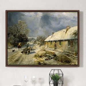 May include: A painting of a snowy landscape with a small cottage in the distance. The cottage has a snow-covered roof and a wooden door. There are trees in the foreground and a dirt road leading to the cottage.