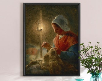 Jean Francois Millet,Woman Sewing by Lamplight,large wall art,framed wall art,canvas wall art,large canvas,M6146