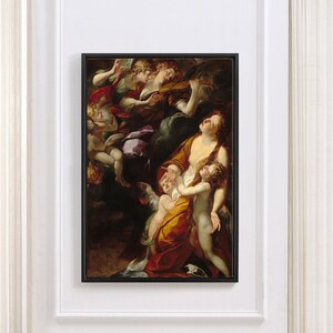 May include: A painting depicting a woman in a flowing orange robe, surrounded by cherubs. The woman is holding a cherub in her arms, and another cherub is flying towards her. The painting is set against a dark background.