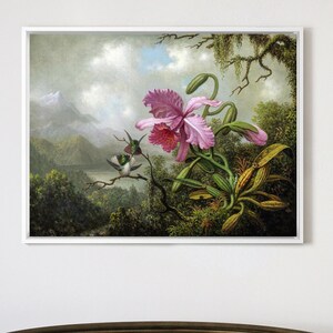 Martin Johnson Heade,Orchid and Hummingbirds near a Mountain Lake,large wall art,framed wall art,canvas wall art,large canvas,M4602