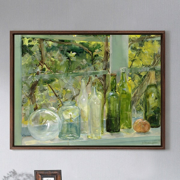 Menso Kamerlingh Onnes,Fensterbank mit Flaschen, eine Glaskugel und ein Apfel,große Wandkunst,gerahmte Wandkunst,Leinwand Wandkunst,große Leinwand,M4650