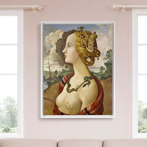 Puede incluir: Una pintura de una mujer con una serpiente alrededor del cuello. Lleva una túnica roja y blanca y una corona de flores en la cabeza. El fondo es un paisaje con árboles y un río.