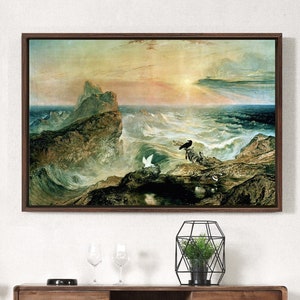 May include: A framed painting depicting a stormy seascape with a rocky island in the foreground. The sky is a vibrant orange and yellow, with dark clouds in the distance. A lone bird perches on a rock in the center of the painting.