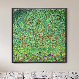 May include: A framed painting of a green apple tree with red apples and a field of purple, pink, and yellow flowers in the foreground.