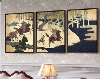 Tosa School,Battle at Uji River,Japanese samurai on horseback,Triptych canvas,framed canvas,3 panel wall art,large wall art,framed art,s52