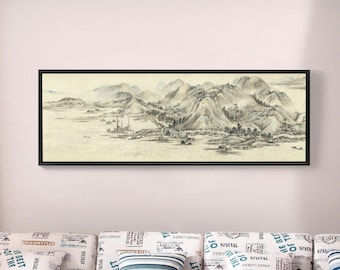Ming Zhou Long,A Thousand Li River Map,Landscape of riverside fishing village,Chinese Painting,bedroom wall art,Large Wall Art,Framed,T88