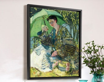 May include: A framed painting of a woman sitting under a green umbrella. The woman is wearing a patterned dress and holding a bouquet of flowers. The painting is set against a background of green trees and foliage.