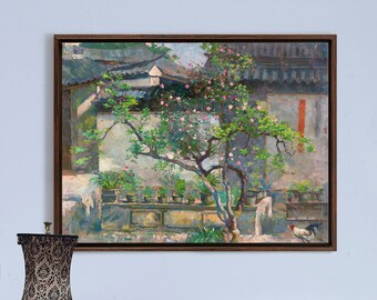 May include: A painting of a courtyard scene with a tree in the center, a white wall, and a rooster in the foreground. The painting is framed in a dark wood frame and is hanging on a light blue wall.