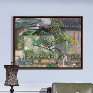 Flowers and trees in Chinese courtyard,Garden canvas,large wall art,framed wall art,canvas wall art,large canvas,M3732