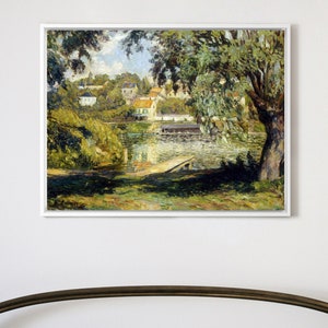 May include: A painting of a river scene with a small village in the background. The river is calm and the water is a light blue color. The village is made up of small, white houses with red roofs. There are trees on both sides of the river, and the sky is a light blue color.