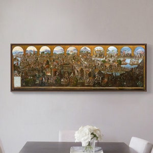 Old Master,Screen With Scenes Of The Conquest Of Mexico,Above Bed Decor,Narrow Horizontal Wall Art,Large Wall Art,Framed Wall Art,M143