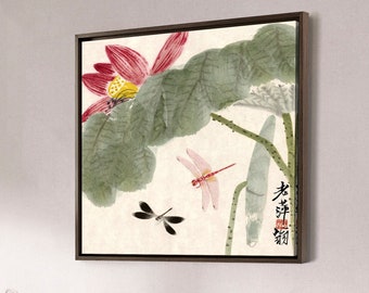 Qi Baishi, libélula y loto, pintura china, arte de pared grande, arte de pared enmarcado, arte de pared de lienzo, lienzo grande, M7232