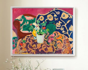 May include: A painting of a still life with a blue and white patterned armchair, a table with a floral tablecloth, and a potted plant. The background is a pink wall.