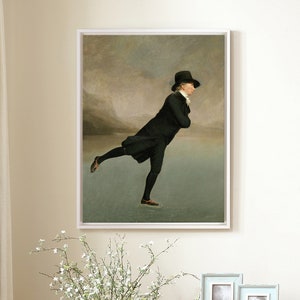 May include: A painting of a man ice skating on a frozen lake. He is wearing a black coat, black hat, and white shirt. The background is a hazy landscape.