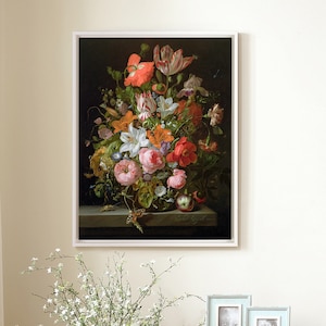 Rachel Ruysch,Still Life Of Roses, Lilies, Tulips And Other Flowers In A Glass Vase With A Brindled Beauty Photograph,M6654