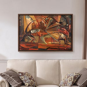 Puede incluir: Pintura abstracta en tonos cálidos de rojo, naranja y marrón. La pintura representa una escena con formas geométricas y figuras, incluida una figura en primer plano con un brazo levantado.