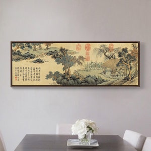 May include: A framed painting of a traditional Chinese landscape scene with a thatched roof pavilion, trees, and a river. The painting is in shades of brown, green, and white, with red seals in the upper right corner. The painting is surrounded by a brown frame.