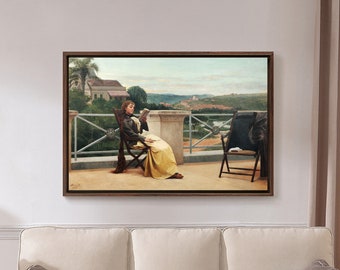 May include: A painting of a woman sitting on a balcony, reading a book. She is wearing a yellow dress and a brown jacket. The balcony has a white railing and a view of a town in the distance.