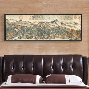 May include: A black leather headboard with tufted buttons, a white and brown bedspread, and two brown pillows. A framed black and white landscape painting hangs above the bed.