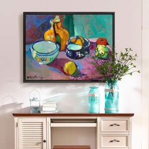 Henri Matisse, Piatti e frutta, Natura morta con frutta, stampa su tela, arte su tela, arte murale su tela, grande arte murale, arte murale con cornice, p1077 immagine 1