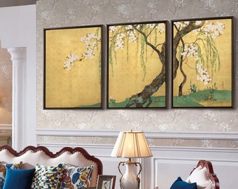 Sakai Hoitsu,Cherry and Maple Trees,Flower tree,Triptych canvas,framed canvas,3 panel wall art,large wall art,framed wall art,s97