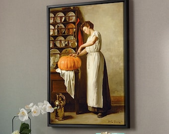 WOMAN CARVING THE PUMPKIN HALLOWEEN PAINTING BY FRANCK ANTOINE BAIL REPRO