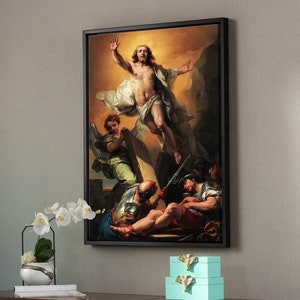 May include: A framed painting depicting a religious scene with a man in white robes ascending to heaven, surrounded by angels and soldiers. The painting is set against a gold background and framed in black.