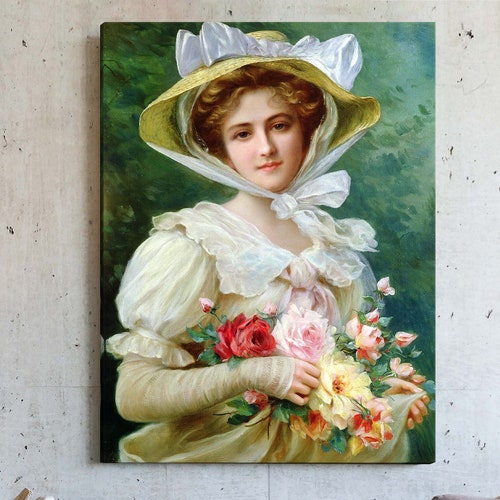 Emile Vernon,Elegant lady shops with a bouquet of roses,large wall art,framed wall art,canvas wall art,large canvas,M5628