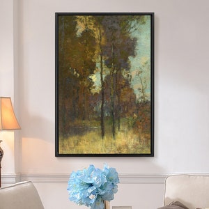 May include: A painting of a forest scene with tall trees in the background and a clearing in the foreground. The trees are painted in shades of brown, green, and blue, and the clearing is painted in shades of yellow and green.
